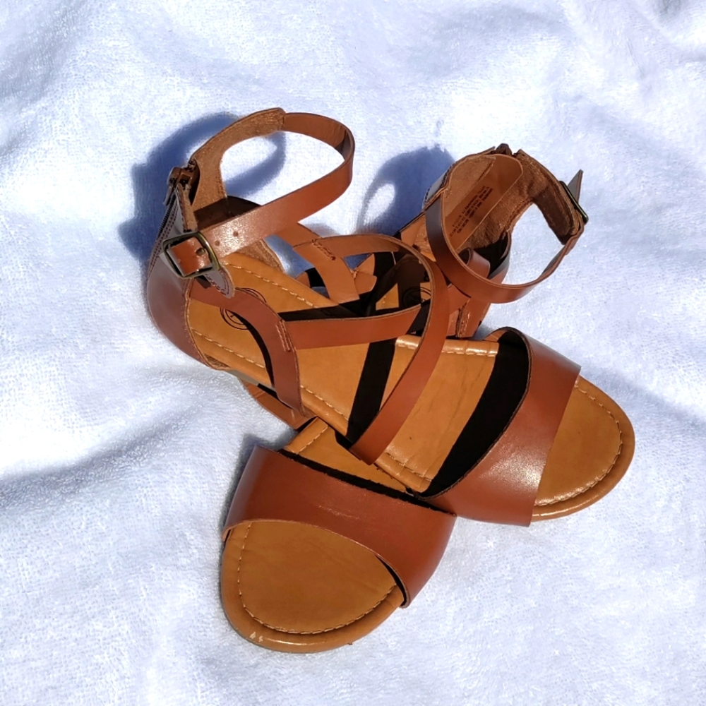 Brown leather crossover dress sandals